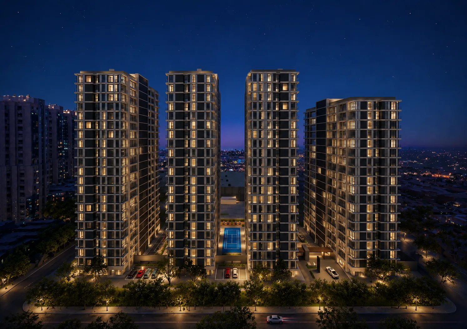 Render nocturno de las cuatro torres de Inclusiv